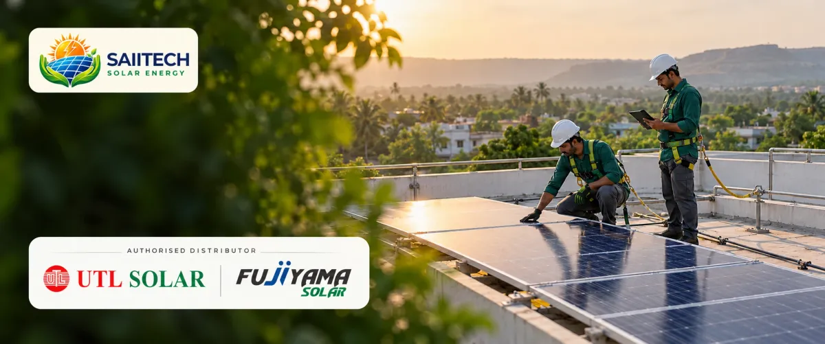 Illustrative image: two installers fitting solar panels on a roof